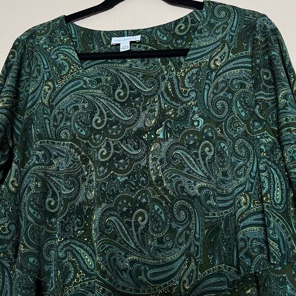 Susan Graver womens size L top tiered green paisley 3/4 sleeve artsy, lagenlook - Picture 7 of 11